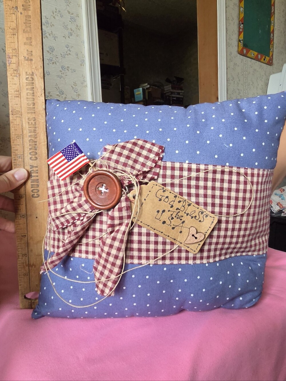 Patriotic Blue Polka Dot Decorative Throw Pillow with Red Gingham Bow